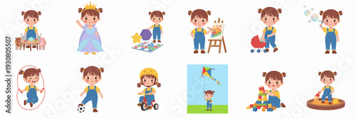 Cartoon Style Illustration of a Child Enjoying Various Activities and Hobbies