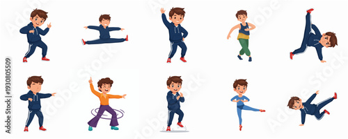 Cartoon Style Energetic Boy Performing Different Dance Moves Set Illustration