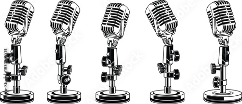 Set of vintage retro studio microphones on stands, classic vocal recording equipment, broadcast and podcast audio icons, cad drawing flat vector illustration, isolated.