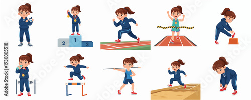 Cute Cartoon Girl Athlete Character Set Doing Different Sport Activities Illustration