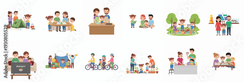 Cartoon Style Illustration Set of Happy Family Doing Activities Together Concept