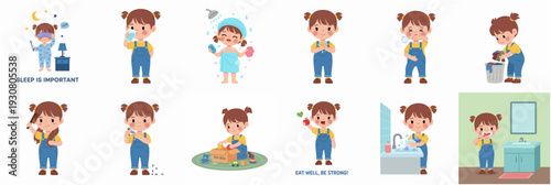 Flat Design Cute Girl Daily Routine Activity Illustration and Lifestyle Elements
