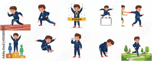 Cartoon Style Set of Boy Athlete Various Sport Activity Illustration