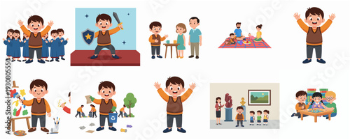Colorful Flat Illustration Set of Boy in Various Activities and Scene