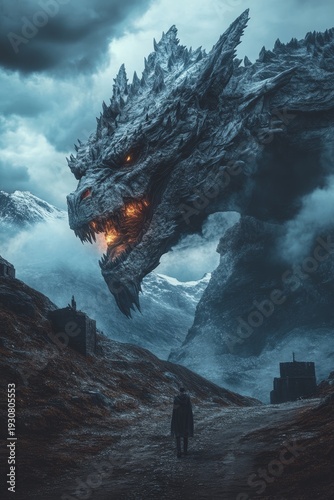 Large, menacing dragon is looming over a snowy mountain range