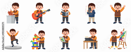 Cartoon Style Illustration of Little Boy Doing Various Creative Activity Set