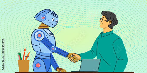 Human shaking hands with robot representing AI cooperation, technology collaboration, automation business solutions, innovation teamwork, and digital future connection.