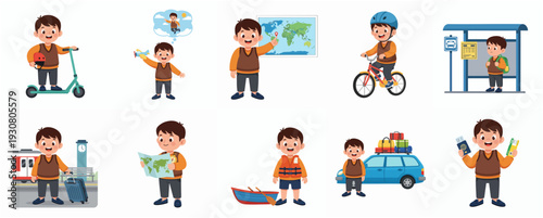 Cartoon Style Little Boy Illustration Set Theme with Travel and Transportation Activity