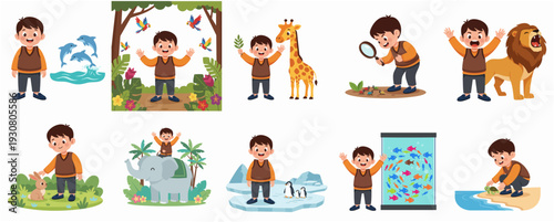 Cartoon Style Set of Boy with Different Animals and Environments Illustration