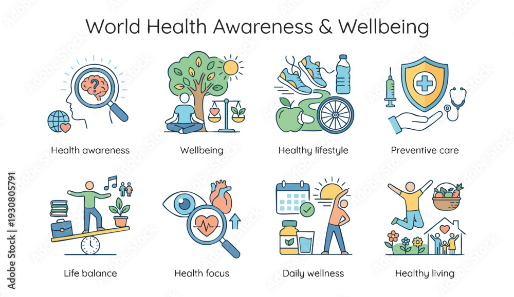 Fototapeta premium World Health Awareness and Wellbeing Icons for Healthy Living