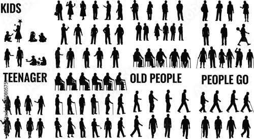 People silhouettes collection featuring kids teenagers adults and old people walking standing and sitting isolated on white background human life stages concept