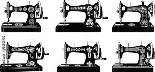 Vintage manual sewing machine silhouettes set with decorative floral ornaments, antique tailor equipment, cad drawing flat vector illustration, isolated on white.