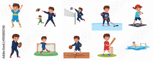 Cheerful Cartoon Boy Character Playing Different Sport Activities Illustration Set