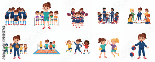 Cartoon Diverse Student Sport Team Illustration with Various Sport Activities and Cheerful Group