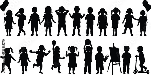 Children silhouettes collection with kids playing holding balloons drawing on easel riding scooter isolated on white background childhood activity concept illustration set