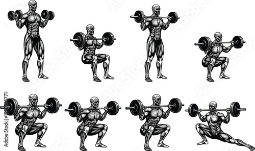 Muscular male bodybuilder anatomy set, weightlifting squat and lunge exercises with barbell and dumbbells, cad drawing flat vector illustration, isolated.