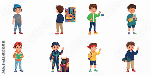 Cute Cartoon Various Boy Characters Playful Poses Illustration Set Collection