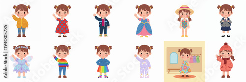 Cartoon Illustration of Girl with Various Outfits in Different Scenarios