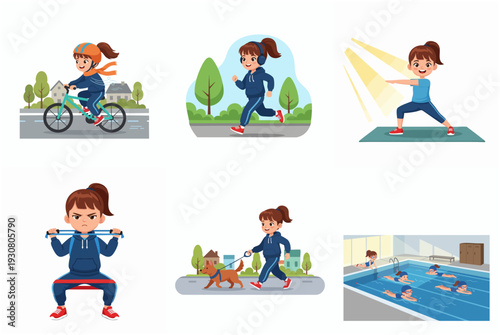 Cartoon Cute Girl Various Sport Activity Illustration Set