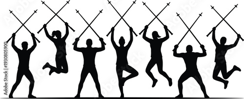 Fencing athletes silhouettes set, men and women jumping with crossed swords vector illustration isolated on white background