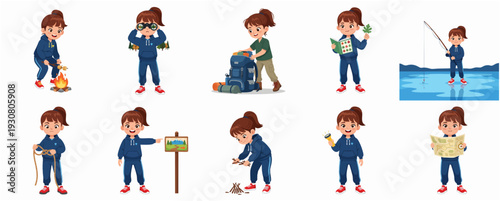 Cute Cartoon Style Little Girl Enjoying Nature Activity Illustration Set