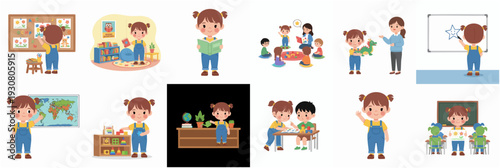 Cartoon Flat Little Girl Different Activities in Kindergarten Illustration Set