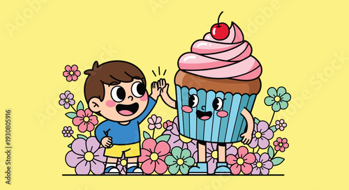 Cartoon Boy and Cupcake Character Illustration.