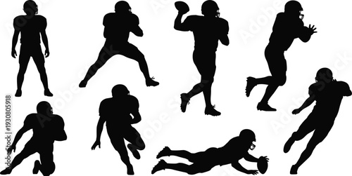 American football player silhouettes set, professional athletes in action poses, throwing catching running and tackling, cad drawing flat vector illustration, isolated on white background.