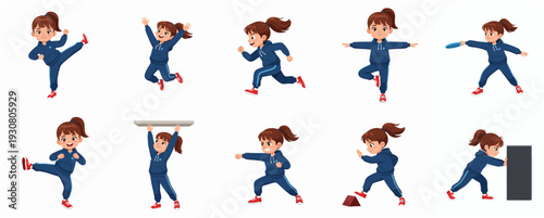 Cute Cartoon Style Little Girl doing different Exercise Activities Illustration