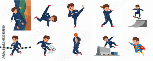 Cute Cartoon Boy Doing Different Sports Activities and Superhero Poses Illustration