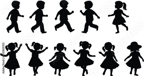 Collection of happy children silhouettes running and playing, featuring boys and girls in playful poses isolated as black figures on white background.
