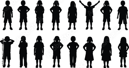 Collection of children silhouettes featuring boys and girls standing in various poses, isolated black figures representing childhood, education, and playful youth concept.