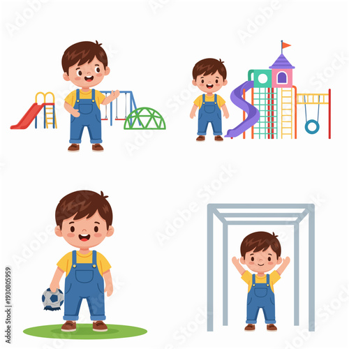 Cartoon Style Little Boy Activity at Playground Illustration Set