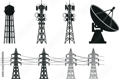Telecommunication towers and high voltage electric power line silhouettes set, satellite dish and radio antenna icons, industrial energy infrastructure illustration, isolated.