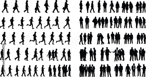 People walking and crowd silhouettes collection isolated on white background, diverse men and women in motion and group formations illustration set