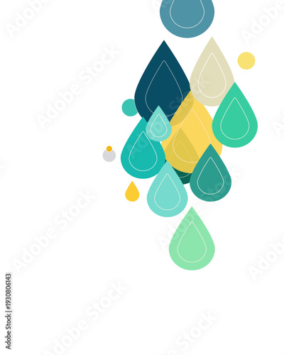 An abstract illustration featuring a cascade of colorful raindrops in various shades of blue, green, and yellow.