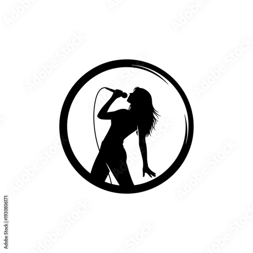 Silhouette of a female singer holding a microphone inside a circular emblem.