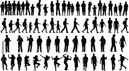 Large crowd of people silhouettes collection isolated on white background, diverse men, women and children walking, standing and interacting illustration set