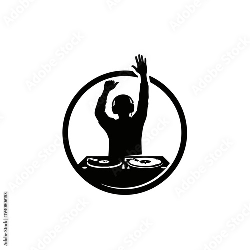 Silhouette DJ performing behind turntables in a circular logo emblem.