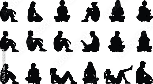 Collection of black human silhouettes sitting in various poses isolated on white background, diverse male and female seated positions vector style illustration set