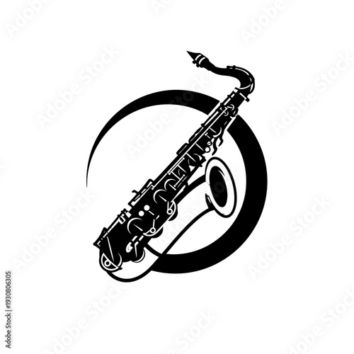 Black saxophone silhouette with circular brushstroke background icon.