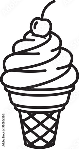 Simple Outline Drawing of a Soft Serve Ice Cream Waffle Cone Topped with a Single Cherry, Ideal for Food Icons and Dessert Graphics