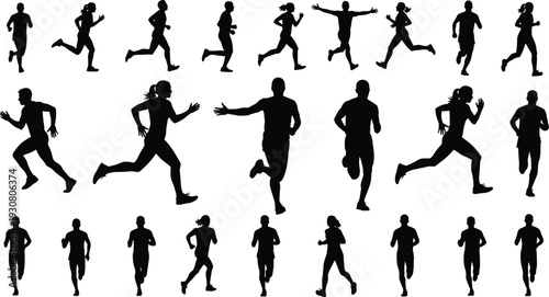 Running people silhouettes collection isolated on white background, men and women jogging, sprinting and exercising, dynamic fitness and marathon training illustration set