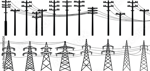 Black and white of power lines and transmission towers in a linear arrangement electricity utility