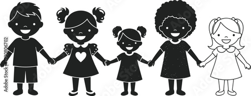 Black and white silhouette illustration of diverse happy children holding hands symbolizing friendship, unity, diversity, inclusion, teamwork, and multicultural community togetherness in 