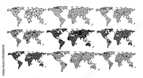 Multiple black and white outlines of the world s continents arranged in a grid