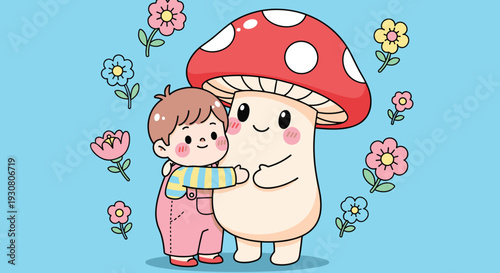 Cute Cartoon Child Hugging Mushroom Character.