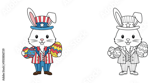 Patriotic Uncle Sam Easter Bunny Holding Decorated Eggs - Unique American Holiday Cartoon