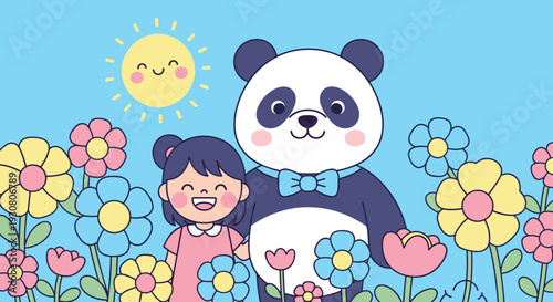 Cartoon Panda Bear with Little Girl.