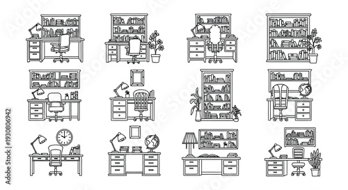 Collection of linear black and white home office and library setups